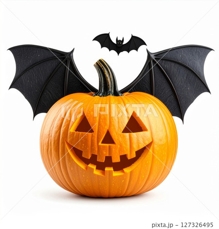 Smiling Orange Pumpkin with Black Bat Wings 127326495