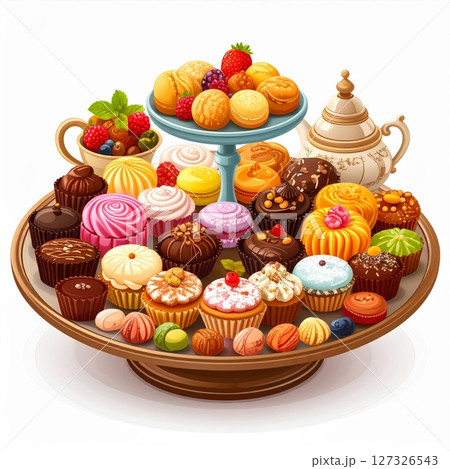 Assorted Cakes Pastries and Tea on Wooden Tray 127326543