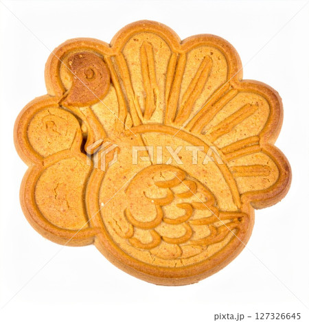 Golden Brown Turkey Shaped Cookie on White Background 127326645