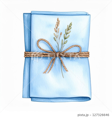 Light Blue Fabric Gift Wrapped with Twine Bow 127326646