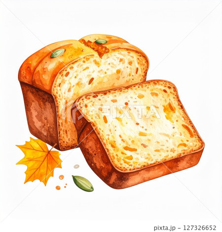 Watercolor Pumpkin Bread Loaf with Maple Leaf 127326652