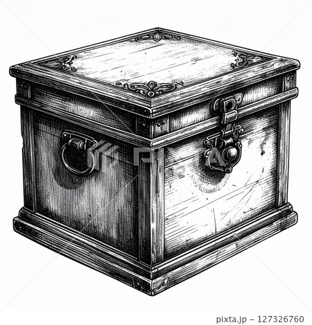Vintage Wooden Chest Black and White Illustration 127326760