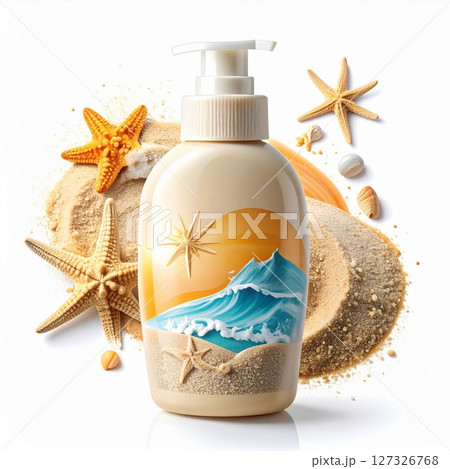 Beige Soap Bottle with Beach Design and Seashells 127326768
