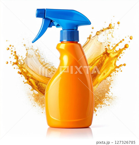 Orange Spray Bottle with Blue Top and Liquid Splash 127326785