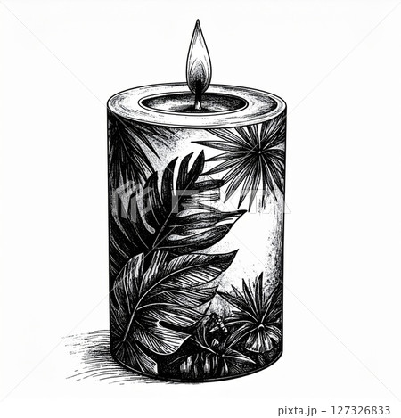 Black And White Tropical Leaf Candle Illustration Black And White Tropical Leaf Candle Illustration 127326833