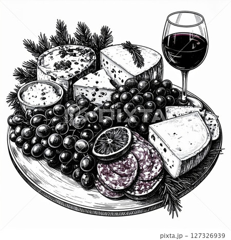 Black and White Illustration of Cheese and Wine Platter 127326939