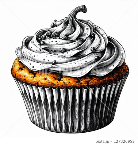 Monochrome Cupcake Illustration with Whipped Cream 127326955