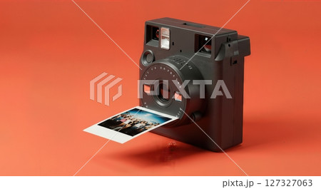 .Instant Camera Printing Photo on Orange Background, Modern Analog Photography, Retro Instant Film Technology, Creative Studio Still Life 127327063