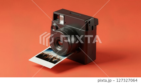 .Instant Camera Printing Photo on Orange Background, Modern Analog Photography, Retro Instant Film Technology, Creative Studio Still Life 127327064