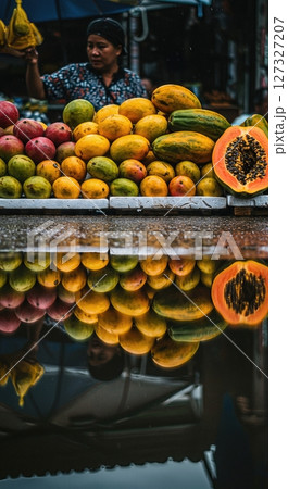 Colorful Fruit Stall Reflections in Tropical Outdoor Market After Rainfall Colorful Fruit Stall Reflections in Tropical Outdoor Market After Rainfall 127327207