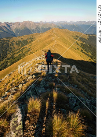 Backpackers Shadow Stretching Across Rocky Mountain Ridge at Sunset Adventure 127327235