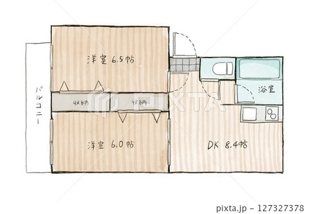 水彩タッチの間取り図イラスト（2DK） 127327378