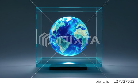 Realistic Earth globe inside a transparent glass cube with lighting effect, global environment concept, digital Earth model for education or technology display 127327612