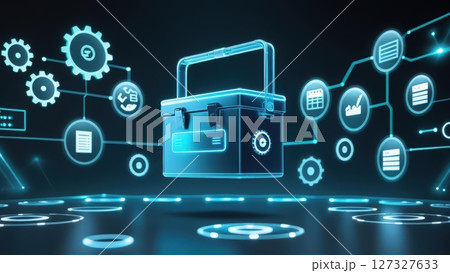 Futuristic digital lock security system with interconnected icons representing technology data protection and cybersecurity concepts in a neon glowing style 127327633