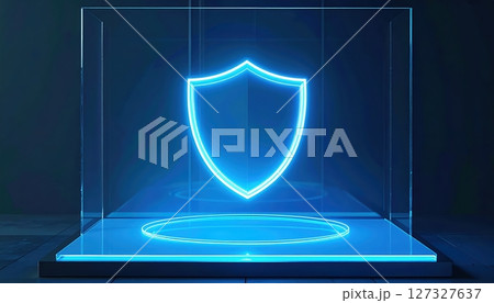 futuristic glowing shield icon illuminated in neon blue on transparent display with dark background representing digital security and protection concept 127327637
