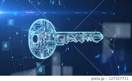 Digital security concept featu a high-tech glowing key with circuit patterns and connections illustrating cybersecurity and data protection in a futuristic environment 127327711