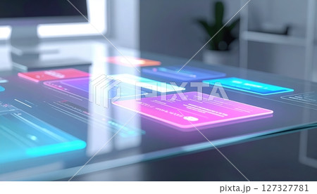 Close-up of a futuristic touchscreen interface with glowing digital panels displaying colorful icons and data, in a modern high-tech workspace setting 127327781