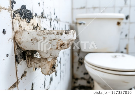 Closeup of an old run-down bathroom 127327810