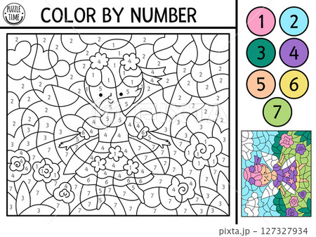 Vector fairyland color by number activity with flower fairy on the meadow. Magic forest landscape scene. Black and white counting game with cute fantasy girl. Fairytale coloring page for kids 127327934