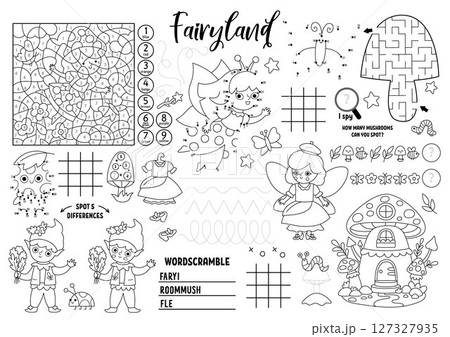 Vector fairyland placemat for kids. Magic forest printable activity mat with maze, tic tac toe chart, connect the dots, find difference. Woodland fairy black and white play mat or coloring page 127327935