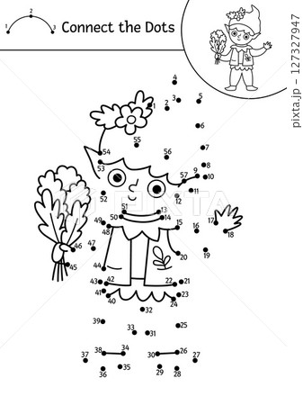 Vector black and white fairyland dot-to-dot activity with elf. Magic forest connect the dots game, coloring page. Fairytale printable worksheet with cute dwarf boy or leprechaun Vector black and white fairyland dot-to-dot activity with elf. Magic forest connect the dots game, coloring page. Fairytale printable worksheet with cute dwarf boy or leprechaun 127327947