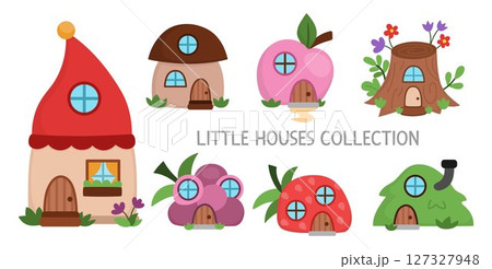 Vector fairy, gnome or dwarf house clipart set. Woodland creature home icons collection. Fantasy forest cottages illustrations. Magic fairytale dwelling shaped as berry, mushroom, stump, treehouse Vector fairy, gnome or dwarf house clipart set. Woodland creature home icons collection. Fantasy forest cottages illustrations. Magic fairytale dwelling shaped as berry, mushroom, stump, treehouse 127327948