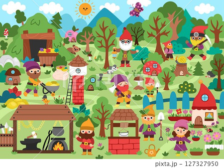 Vector dwarf land background. Cute gnome country landscape. Woodland, fantasy forest scene with tree, house, animal. Fairytale world illustration with magic creature, mine pit, forge, garden Vector dwarf land background. Cute gnome country landscape. Woodland, fantasy forest scene with tree, house, animal. Fairytale world illustration with magic creature, mine pit, forge, garden 127327950