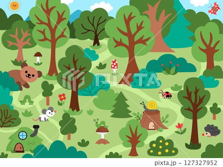 Vector empty forest background. Cute woodland landscape. Nature scene with woods, trees, bushes, path, little houses, animals. Fairytale world or story book illustration for kids 127327952