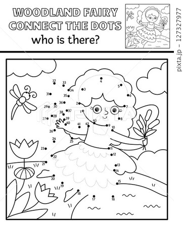 Vector black and white fairyland dot-to-dot activity with swamp fairy, line nature scene. Magic forest or garden connect the dots game, coloring page. Who is missing printable worksheet with cute Vector black and white fairyland dot-to-dot activity with swamp fairy, line nature scene. Magic forest or garden connect the dots game, coloring page. Who is missing printable worksheet with cute 127327977
