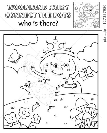 Vector black and white fairyland dot-to-dot activity with mushroom fairy, line nature scene. Magic forest connect the dots game, coloring page. Who is missing printable worksheet 127327980