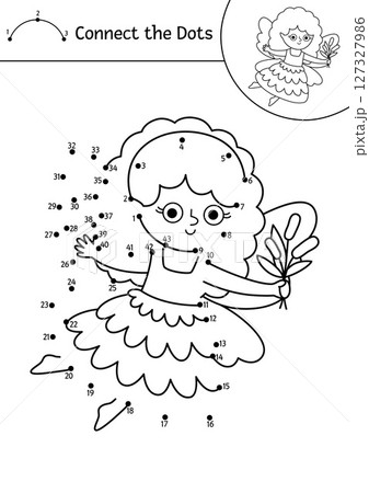 Vector black and white fairyland dot-to-dot activity with swamp fairy. Magic forest connect the dots game, coloring page. Fairytale printable worksheet with cute girl with wings and reeds 127327986