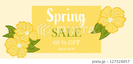 Spring sale banner template with flowers on yellow background 127328057