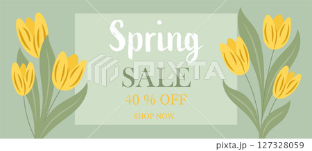 Card for spring sale and beautiful flowers on green background 127328059