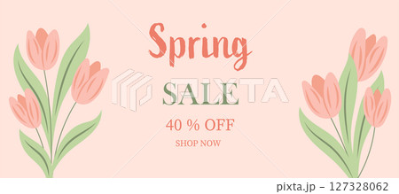 Card for spring sale and flowers on pink background Card for spring sale and flowers on pink background 127328062