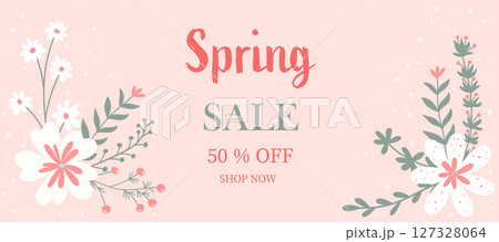 Card for spring sale and flowers on pink background Card for spring sale and flowers on pink background 127328064