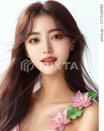 Beautiful Asian woman with long hair and floral details in a studio setting showcasing elegance and poise 127328088