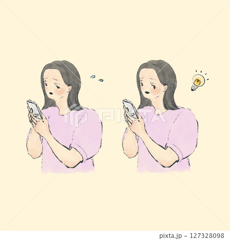 スマホを持って困った顔をしている女性とにっこりしている女性 スマホを持って困った顔をしている女性とにっこりしている女性 127328098