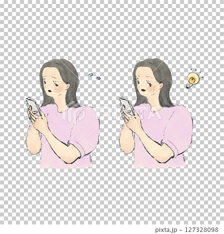 スマホを持って困った顔をしている女性とにっこりしている女性 スマホを持って困った顔をしている女性とにっこりしている女性 127328098