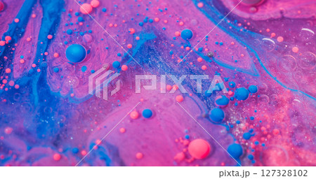 Paint substance. Acrylic blob. Pink blue mix oil liquid flow. Shimmering colorful art bubble emulsion stream blur abstract background. Paint substance. Acrylic blob. Pink blue mix oil liquid flow. Shimmering colorful art bubble emulsion stream blur abstract background. 127328102