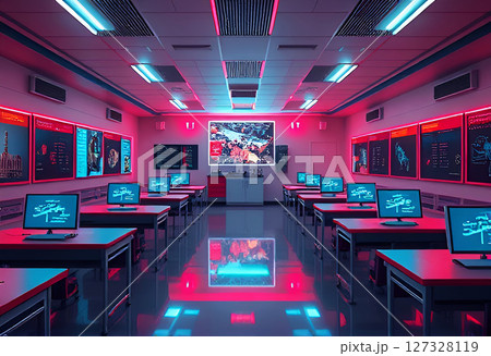 Futuristic classroom interior with glowing neon lights, desks, and advanced computer workstations 127328119