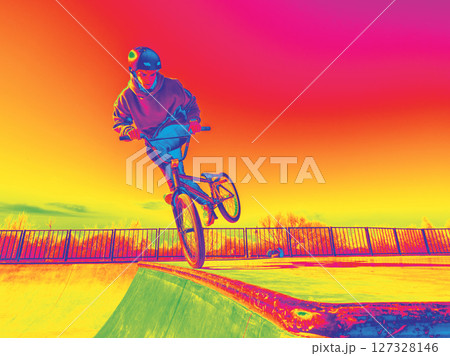 Infrared Thermal Image of BMX rider in street skatepark made trick footjam whip. Psychedelic neon toned image of BMX rider on ramp doing trick on front wheel. Copy space for text Infrared Thermal Image of BMX rider in street skatepark made trick footjam whip. Psychedelic neon toned image of BMX rider on ramp doing trick on front wheel. Copy space for text 127328146