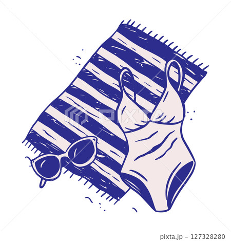 Swimsuit, Sunglasses And Towel On Beach Retro Sketch Whimsical Doodle Illustrationsummer sketch 127328280