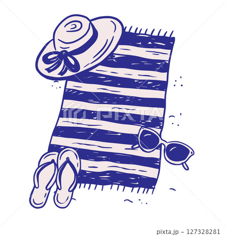 Beach Towel Flip Flops, Sunglasses Summer Sketch Whimsical Doodle Illustration 127328281