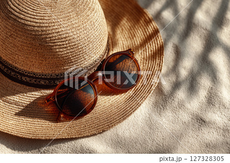 Straw sun hat and sunglasses on beach sand 127328305