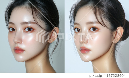 Glow of youthful beauty captured in a close-up portrait of a Korean woman showcasing radiant skin and natural elegance 127328404