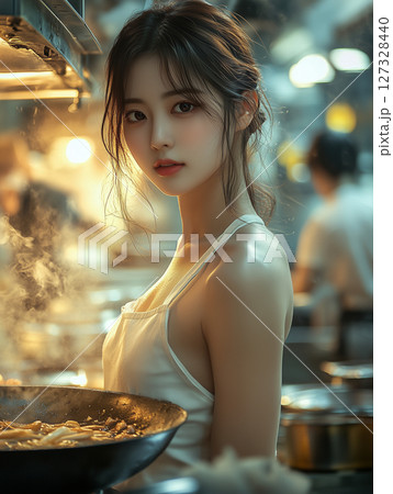 Korean chef prepares delicious dish in bustling kitchen during evening service 127328440