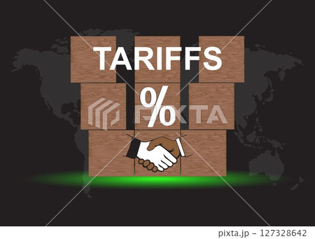 Tariff Negotiation concept. Wooden block with handshake icon, percent and word tariffs for negotiation, agreement, cooperation, business partnership. Tariff Negotiation concept. Wooden block with handshake icon, percent and word tariffs for negotiation, agreement, cooperation, business partnership. 127328642