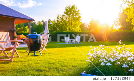 Summertime in backyard with grill BBQ and blurred background 127328947
