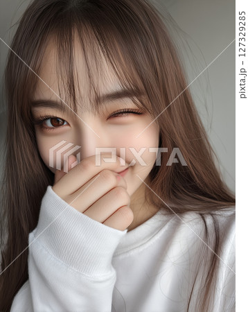 Smiling young woman playfully covering her mouth with her hand while winking, indoors, during bright daylight 127329285