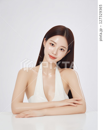 Woman with long hair poses confidently in a stylish outfit against a plain background 127329365